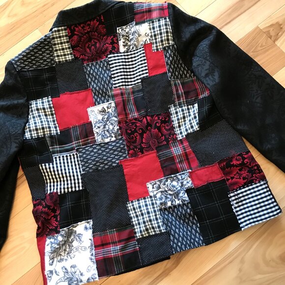 Upcycled Patchwork Jacket, Handcrafted Boho Red Black White Blazer, Size 14P - Picture 6 of 10